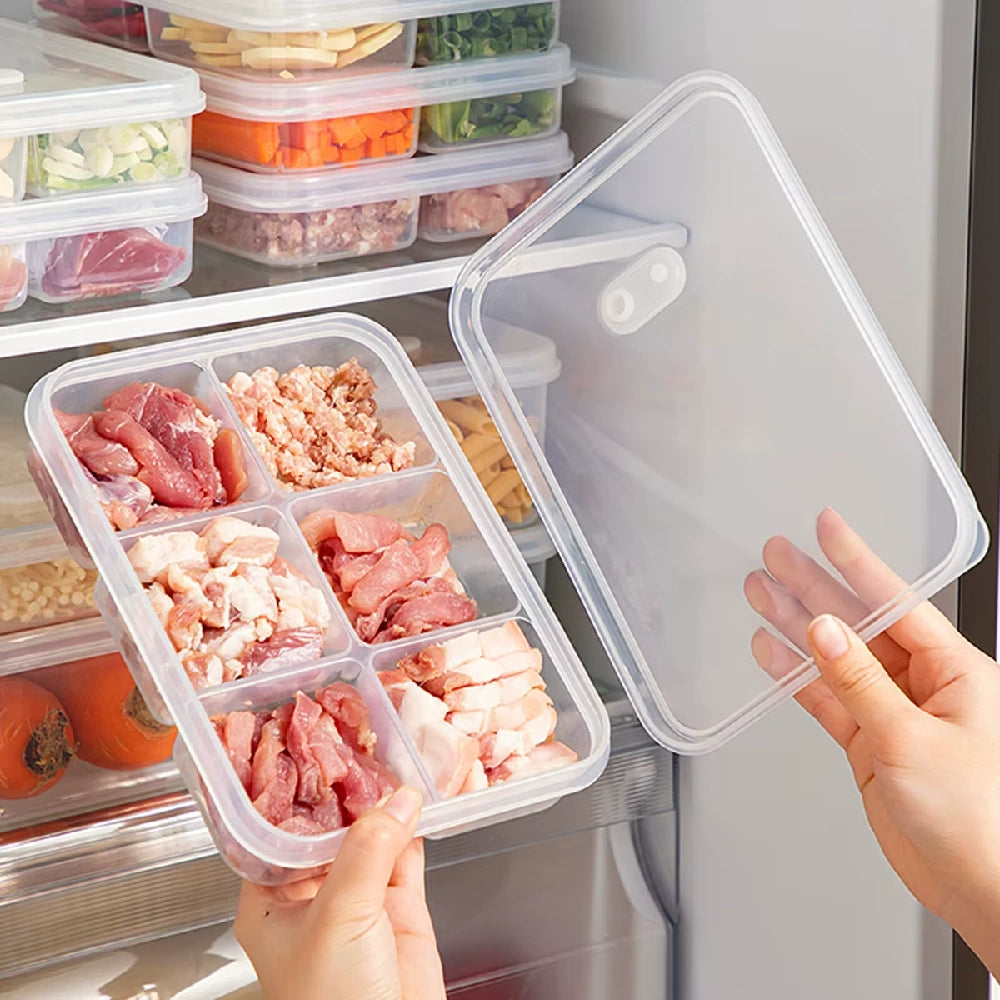 6-Grid Fridge & Freezer Food Storage Box With lid - Reusable Plastic Container